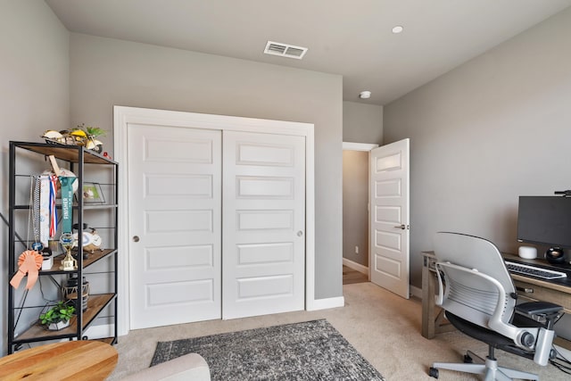 home office featuring light carpet