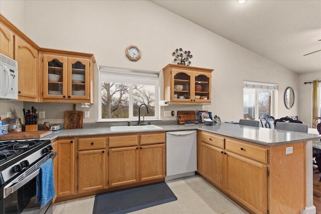 kitchen featuring a healthy amount of sunlight, sink, white appliances, and kitchen peninsula