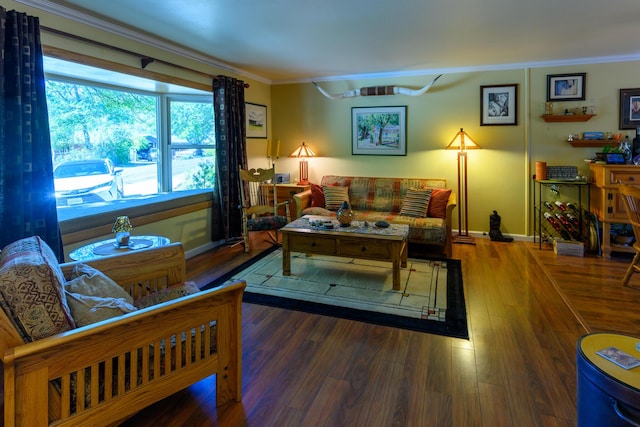 living room featuring ornamental molding and dark hardwood / wood-style floors