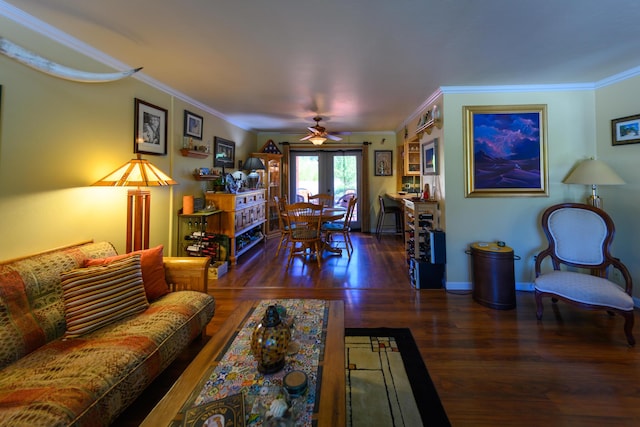 living room featuring ornamental molding, dark hardwood / wood-style floors, and french doors