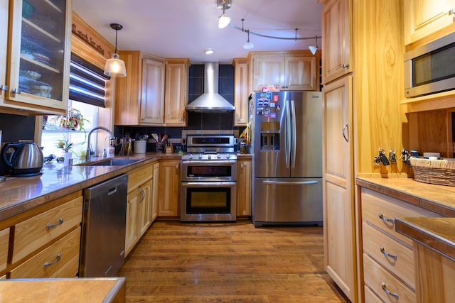 kitchen featuring sink, dark wood-type flooring, hanging light fixtures, stainless steel appliances, and wall chimney exhaust hood