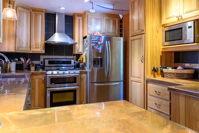 kitchen featuring sink, wall chimney range hood, pendant lighting, stainless steel appliances, and backsplash