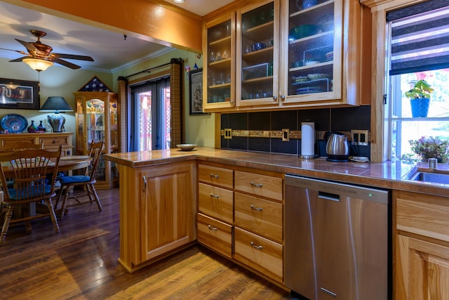 kitchen with dark wood-type flooring, stainless steel dishwasher, and plenty of natural light