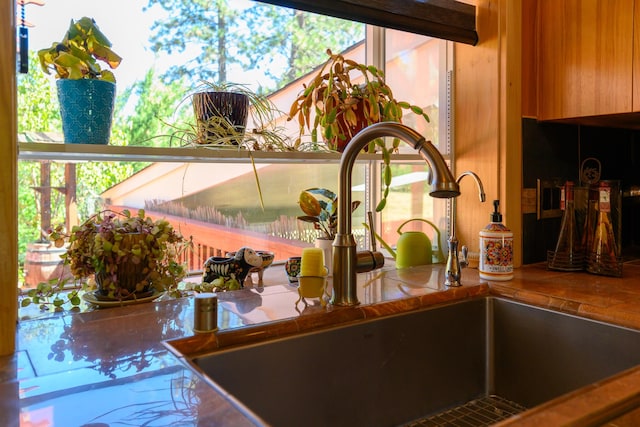 details with sink and tile countertops