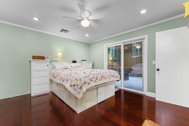 bedroom with ceiling fan, ornamental molding, access to exterior, and dark hardwood / wood-style flooring