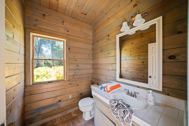 bathroom featuring vanity, wooden ceiling, toilet, and wood walls