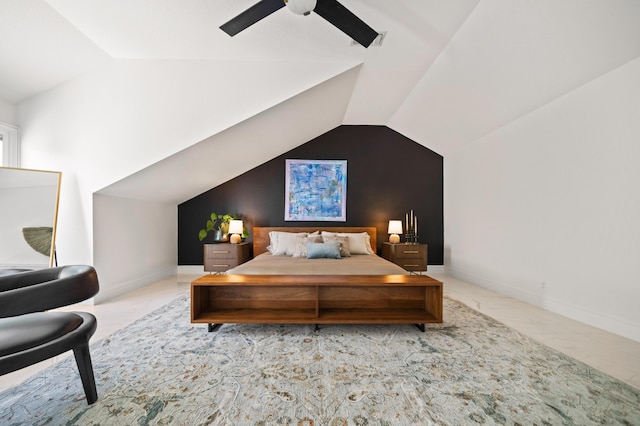 bedroom featuring ceiling fan and lofted ceiling