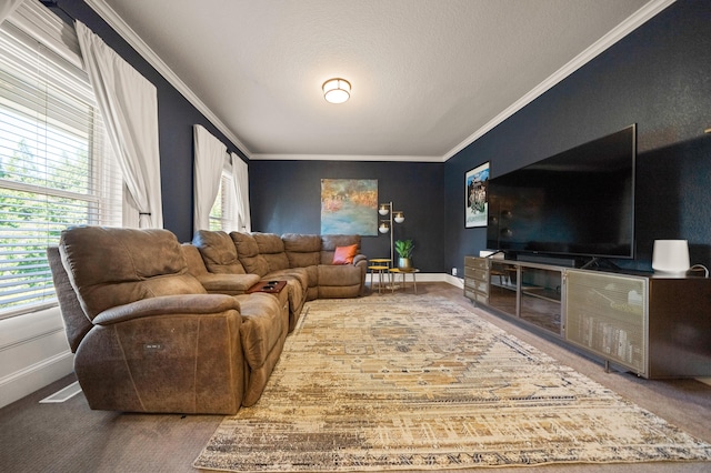 carpeted living room with ornamental molding