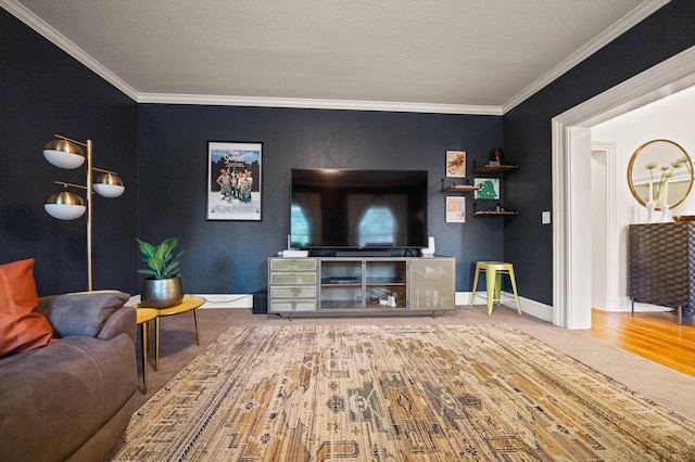 carpeted living room with crown molding and a textured ceiling