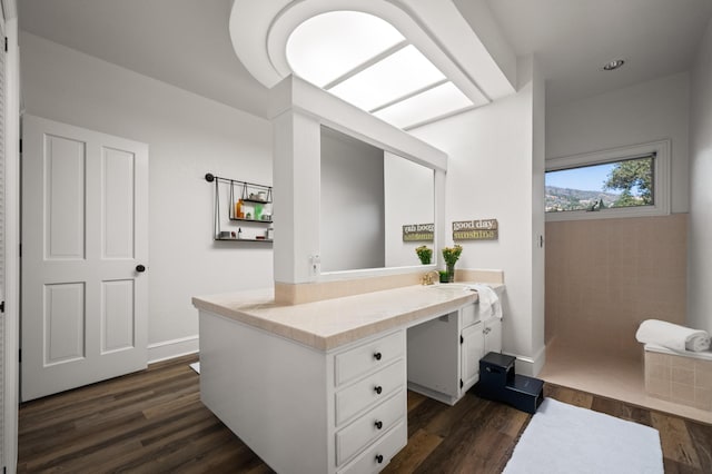 bathroom with vanity and hardwood / wood-style flooring