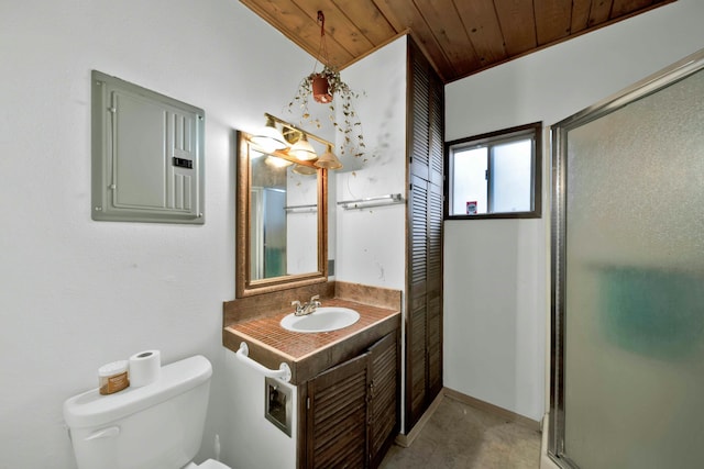 bathroom with vanity, electric panel, walk in shower, toilet, and wooden ceiling