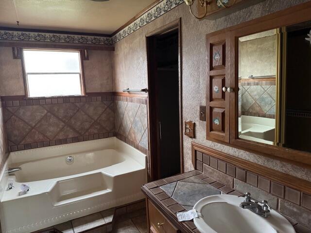 bathroom featuring vanity and a tub to relax in