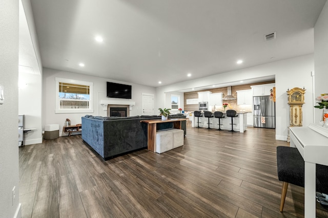 living room with dark hardwood / wood-style flooring and plenty of natural light