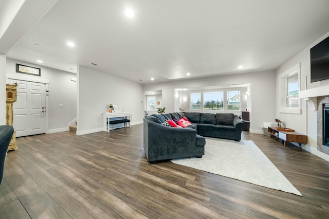 living room with a tiled fireplace and dark hardwood / wood-style flooring