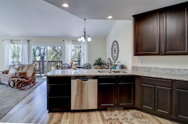 kitchen with open floor plan, a peninsula, dark brown cabinets, stainless steel dishwasher, and a sink