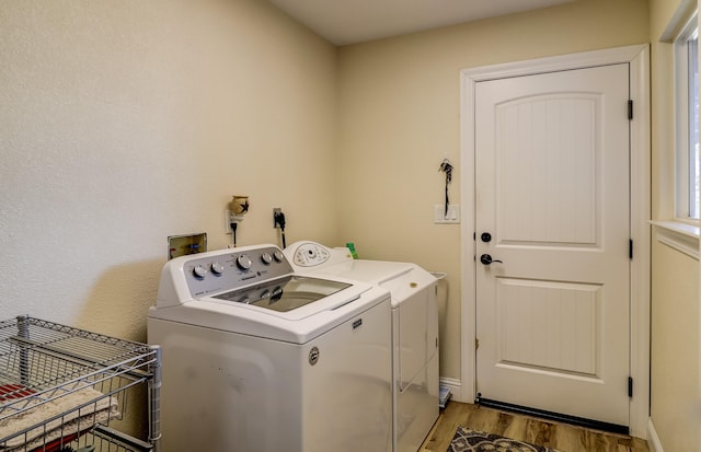 washroom featuring washer and dryer, laundry area, and wood finished floors