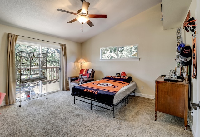 bedroom featuring lofted ceiling, a ceiling fan, baseboards, access to outside, and carpet