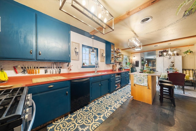 kitchen featuring sink, blue cabinetry, dishwasher, hanging light fixtures, and stainless steel gas range oven