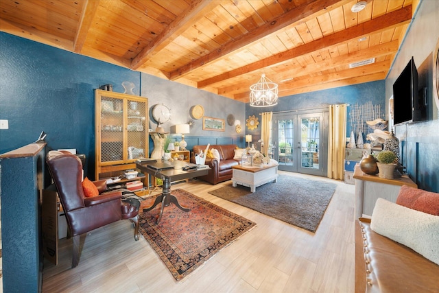 living room with a notable chandelier, beam ceiling, wooden ceiling, and french doors