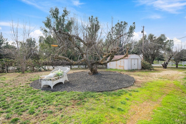 view of yard featuring a storage shed