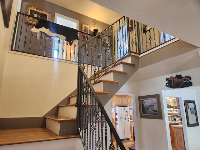 stairs featuring a towering ceiling