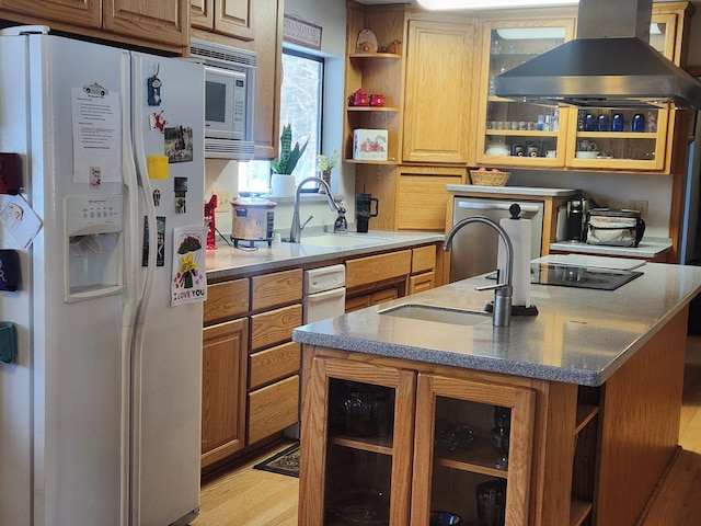 kitchen with white appliances, ventilation hood, sink, and a center island with sink