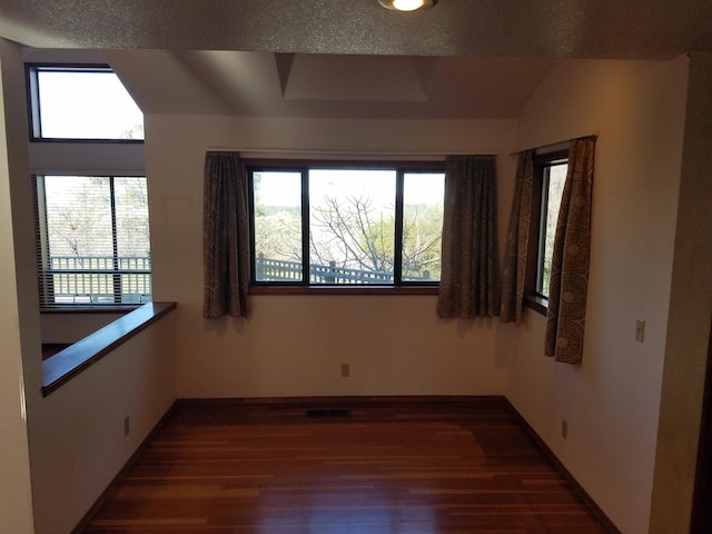 empty room featuring lofted ceiling, dark hardwood / wood-style floors, and a healthy amount of sunlight