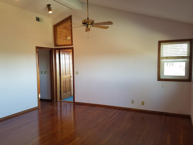 unfurnished room with beamed ceiling, ceiling fan, high vaulted ceiling, and dark hardwood / wood-style flooring