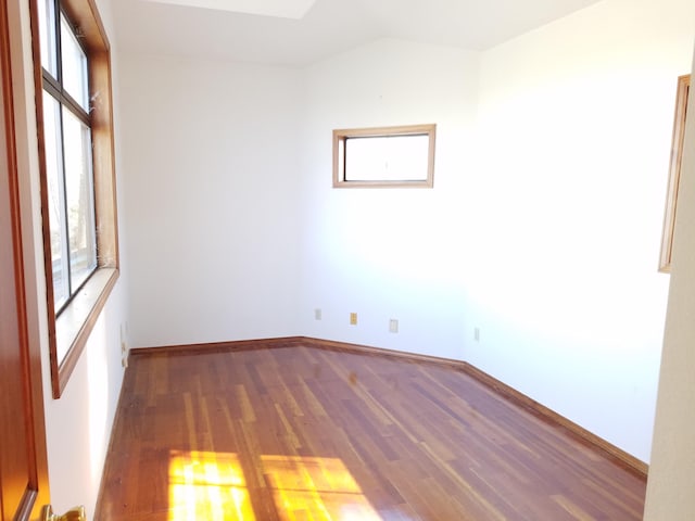 unfurnished room with plenty of natural light, dark wood-type flooring, and lofted ceiling