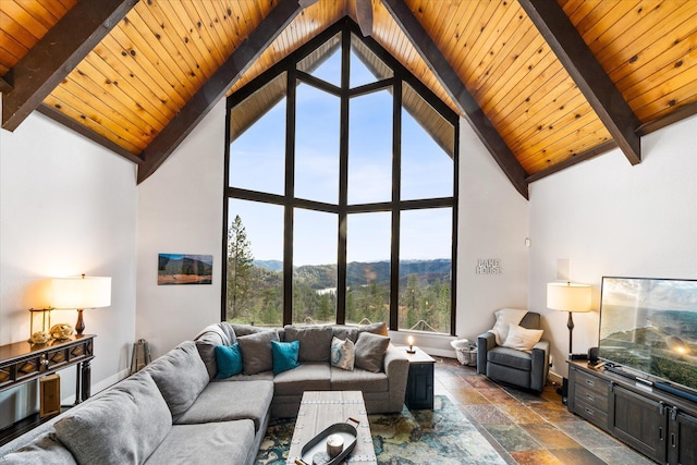 living room featuring beamed ceiling, wood ceiling, and high vaulted ceiling