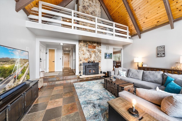 living room featuring high vaulted ceiling, wooden ceiling, and beamed ceiling