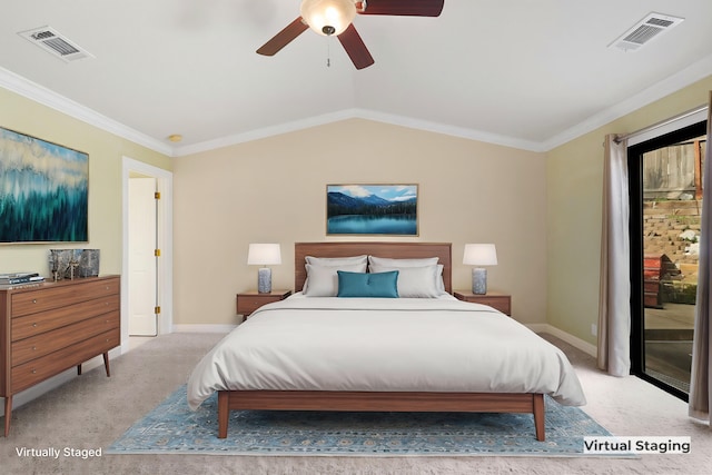 carpeted bedroom with vaulted ceiling, ornamental molding, access to outside, and ceiling fan