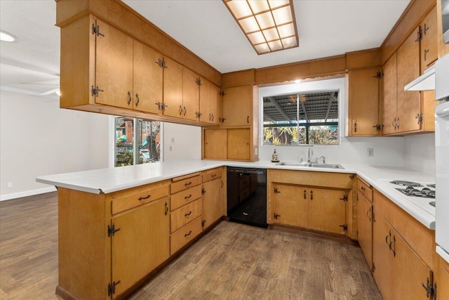 kitchen with white cooktop, sink, wood-type flooring, dishwasher, and kitchen peninsula