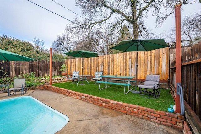 view of swimming pool featuring a patio and a lawn