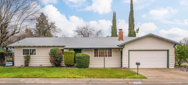 ranch-style house with a garage, a front lawn, driveway, crawl space, and a chimney