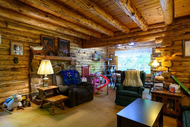 31 Lake Rd, Junction City, CA 96048 - living room with wood ceiling, log walls, and beamed ceiling
