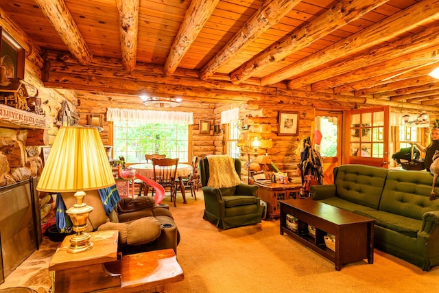 31 Lake Rd, Junction City, CA 96048 - carpeted living room featuring log walls, beam ceiling, and wooden ceiling