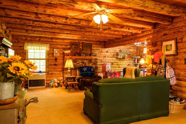 31 Lake Rd, Junction City, CA 96048 - carpeted living room with wood ceiling, log walls, beamed ceiling, and ceiling fan