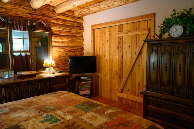 31 Lake Rd, Junction City, CA 96048 - bedroom with hardwood / wood-style floors, wooden ceiling, rustic walls, and beamed ceiling