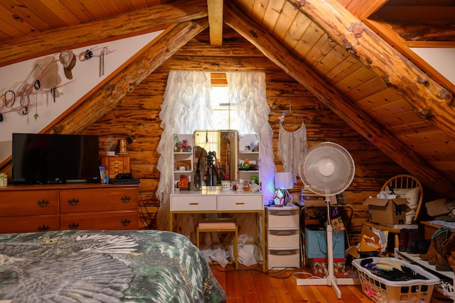 31 Lake Rd, Junction City, CA 96048 - bedroom with vaulted ceiling with beams, log walls, wooden ceiling, and hardwood / wood-style flooring