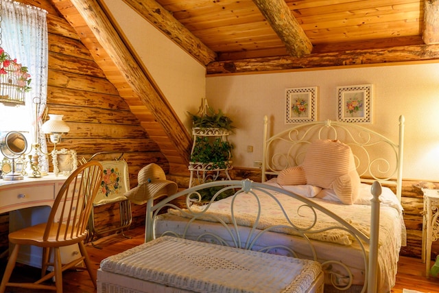31 Lake Rd, Junction City, CA 96048 - bedroom featuring beam ceiling, wood-type flooring, wooden ceiling, and log walls