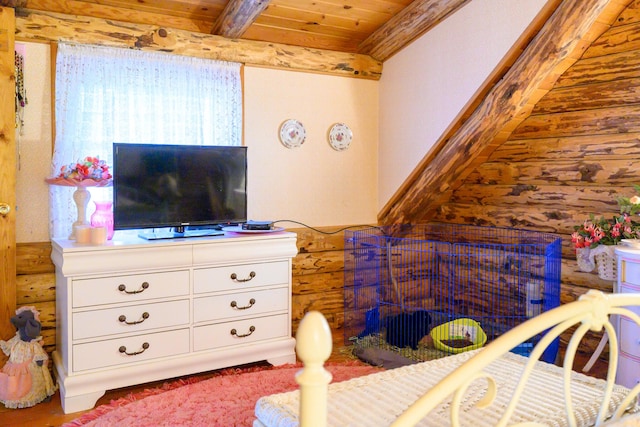 31 Lake Rd, Junction City, CA 96048 - bedroom featuring wood ceiling, beam ceiling, and rustic walls