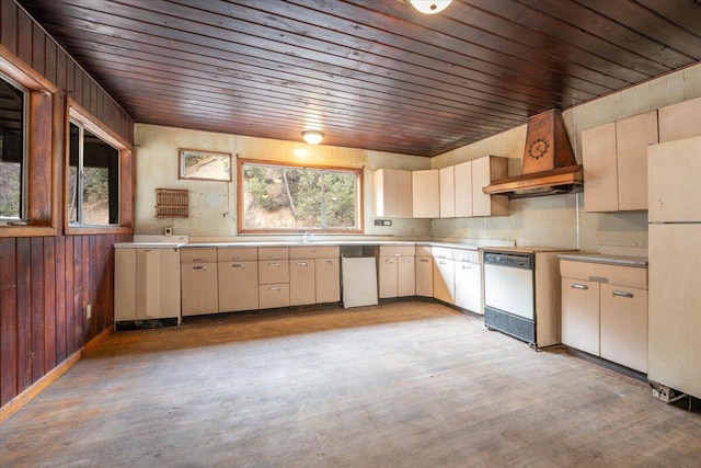 kitchen featuring premium range hood, white appliances, wood walls, light countertops, and wood ceiling