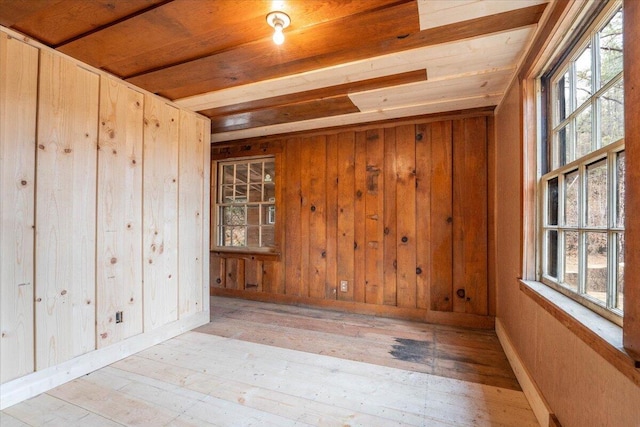 empty room featuring a wealth of natural light, wood-type flooring, and wood walls