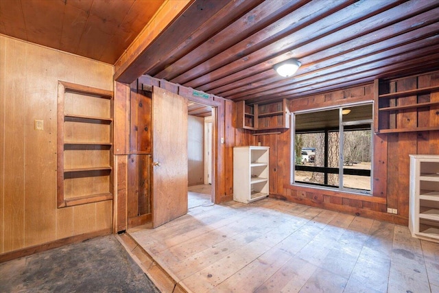 unfurnished living room featuring beamed ceiling, wooden walls, and wood ceiling