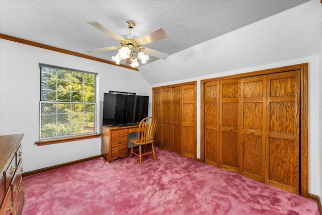 carpeted home office featuring vaulted ceiling, ceiling fan, and a textured ceiling