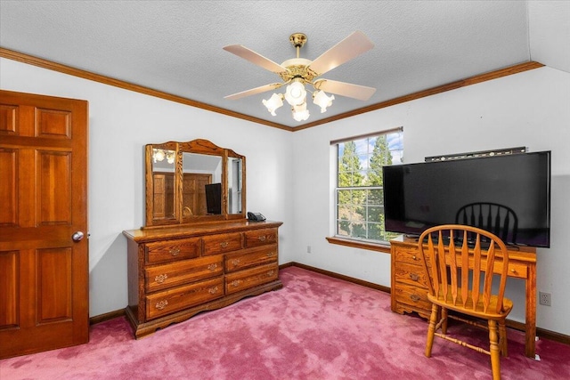 carpeted office space with ceiling fan, ornamental molding, and a textured ceiling