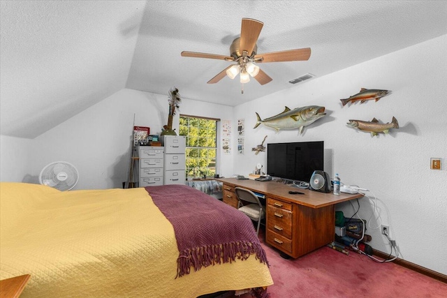 carpeted bedroom featuring lofted ceiling, ceiling fan, and a textured ceiling