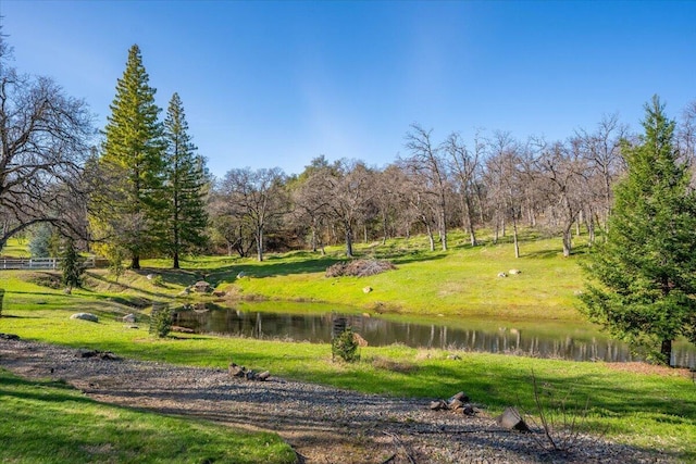 view of community featuring a water view and a lawn