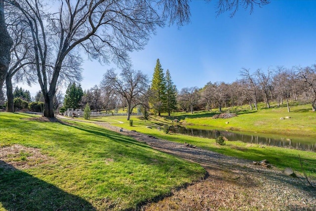 view of home's community featuring a lawn and a water view